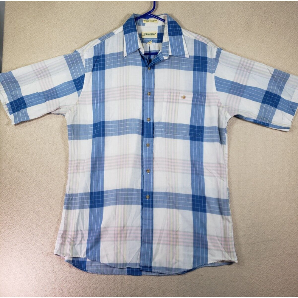 VTG St. John's Bay Shirt Mens LT Large Tall Blue/White Plaid Cotton Made In USA